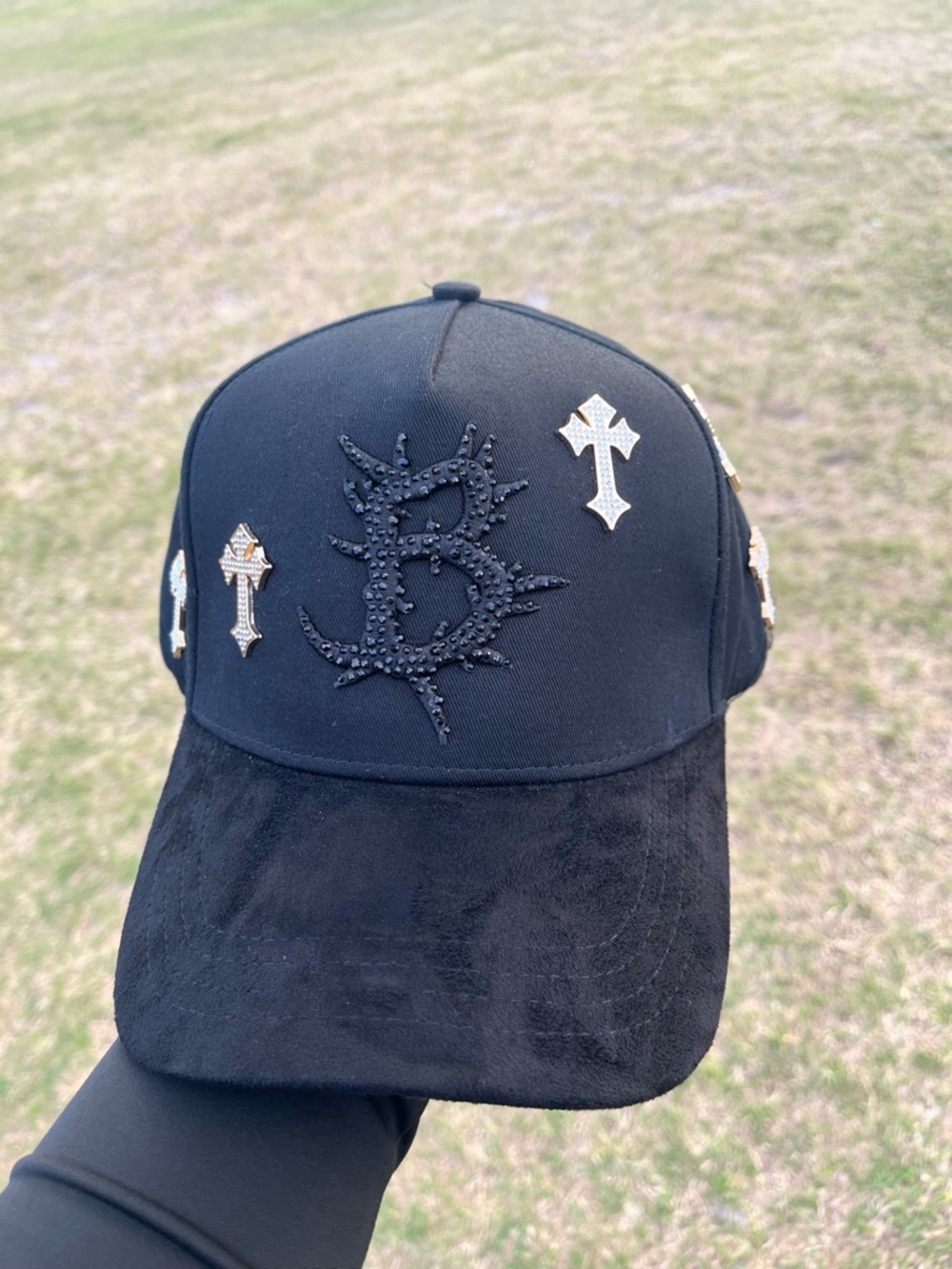 Black Embellished Cross Accent Baseball Cap